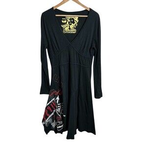 Desigual Dress XL Black Fit Flare Long Sleeve Embroidered Artsy Happy Lagenlook
